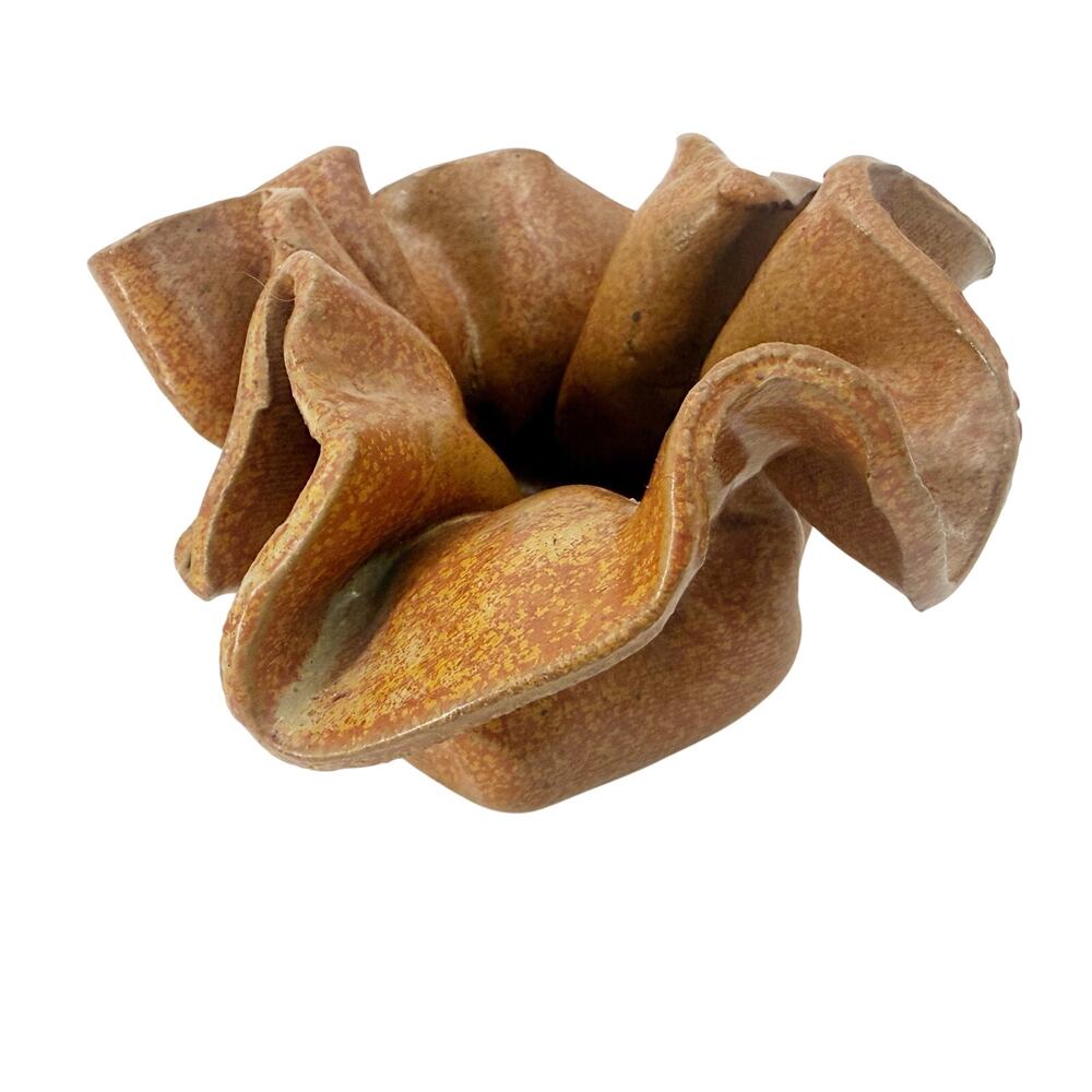 vintage handcrafted Handkerchief Paper Bag brown ceramic Vase freeform fold pot